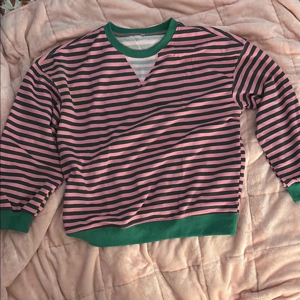 Striped Pink and Black Sweater with Green Trim